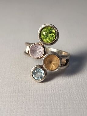Semi VTG 925 Peridot Citrine Blue Topaz Rose Dr France Amethyst Sz 8 Ring